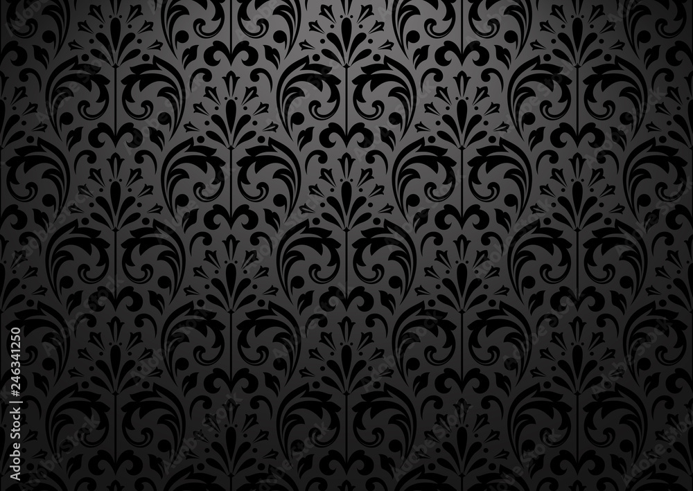 Wallpaper in the style of Baroque. Seamless vector background. Black floral ornament. Graphic pattern for fabric, wallpaper, packaging. Ornate Damask flower ornament Wallpaper in the style of Baroque. Seamless vector background. Black floral ornament. Graphic pattern for fabric, wallpaper, packaging. Ornate Damask flower ornament