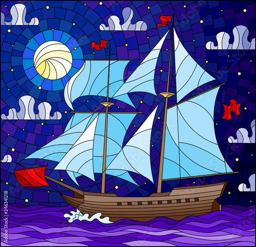 Illustration in stained glass style with sailboats with hite sails against the starry sky, the sea and the moon