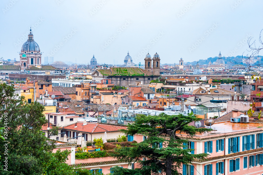 Rome cityscape urban skyline view from above with lots of history, arts, architecture and attractions