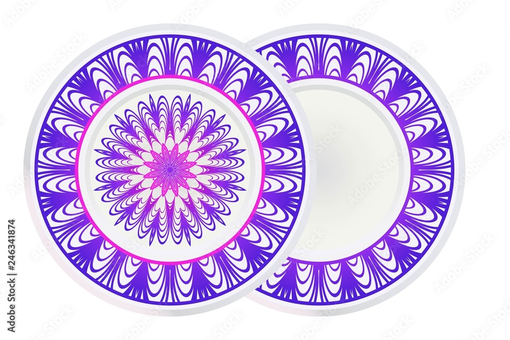 Set of 2 matching decorative plates for interior design with mandala floral ornament. Empty dish, porcelain plate mock up design. Vector illustration. Purple gradient color Set of 2 matching decorative plates for interior design with mandala floral ornament. Empty dish, porcelain plate mock up design. Vector illustration. Purple gradient color
