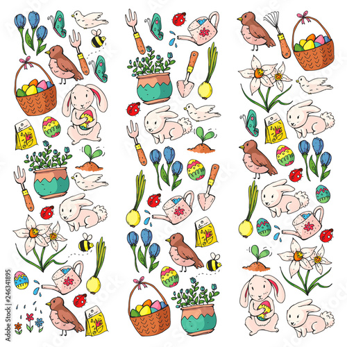 Easter vector illustration. Spring design for patterns. Holiday decoration for greeting cards. Rabbit, bunny character, eggs, flowers, seasonal elements. © helen_f