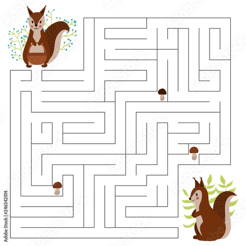 Maze game for children, the cute cartoon squirrels. Woodland animals. Help squirrel to collect all mushrooms. Hand drawn vector illustration.
