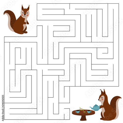 Maze game for children, the cute cartoon squirrels. Help the squirrel to find the right way to her friend. Tea time. Woodland animals. Hand drawn vector illustration.