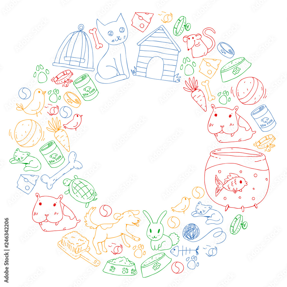 Pet shop. Vector illustration with animals, dog, cat, fish, Colorful background with kitten, bird, puppy. Veterinarian clinic.