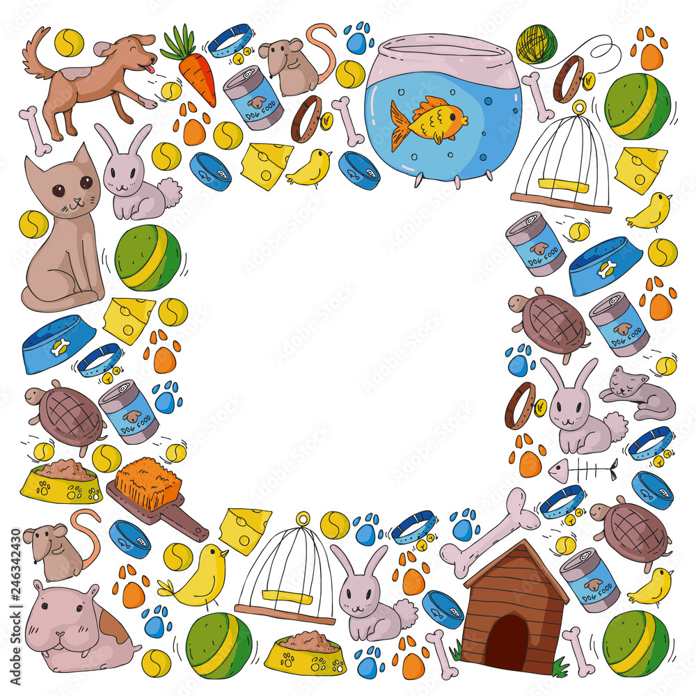 Obraz premium Pet shop. Vector illustration with animals, dog, cat, fish, Colorful background with kitten, bird, puppy. Veterinarian clinic.