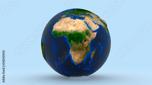 Earth with Africa continent in focus on light blue background 3d rendering