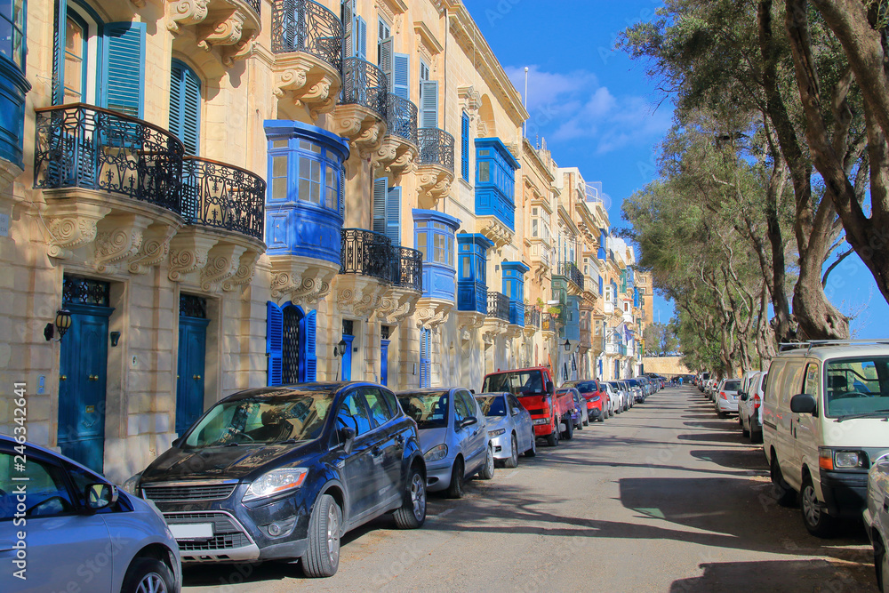 Bright balconies - the card of the city of Valletta on the island of Malta.