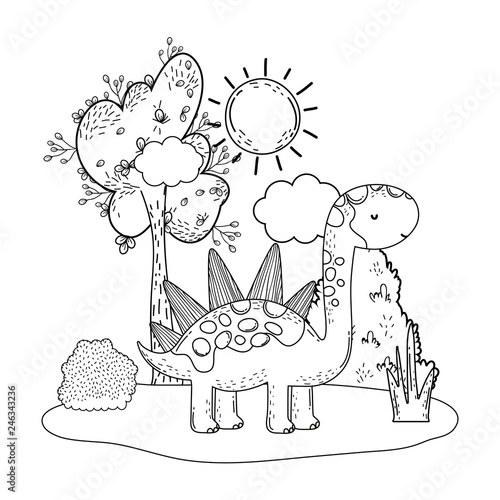 cute apatosaurus with tree in the landscape