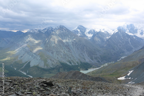 View of Lake Akkem from Kara-Turek Pass, Altai Mountains, Russia