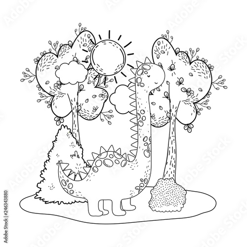 cute apatosaurus with tree in the landscape