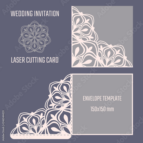 DIY laser cutting vector envelope. Wedding die cut invitation template. Cutout silhouette card. Scrapbook carved paperwork. Floral layout.