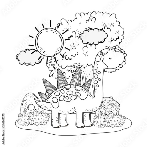 cute apatosaurus with tree in the landscape