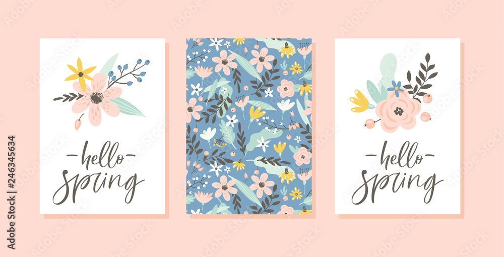 Spring card set with handwritten modern brush calligraphy, flowers, pattern. Floral design concept for greeting cards, scrapbook, poster, cover, tag, invitation. Hand drawn style.