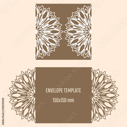 Laser cutting vector envelope. Wedding die cut invitation template. Cutout silhouette card. Scrapbook carved paperwork. Floral layout.