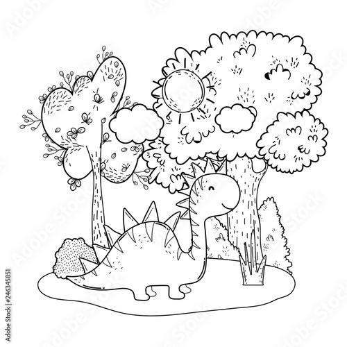 cute apatosaurus with tree in the landscape