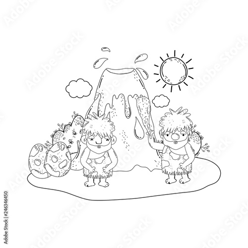 cavemen comic in the landscape with volcano