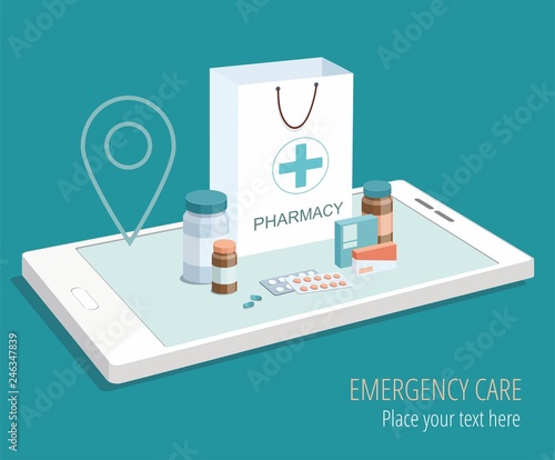 Paper bag with medical equipment and pharmacy on smartphone. Isometric 