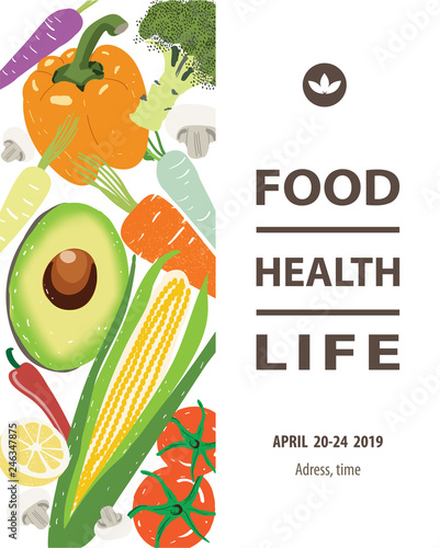 Vector poster design with vegetable illustration and text example. Farm Market , food festival, vegan day poster. Great for menu, banner, label, flyer.