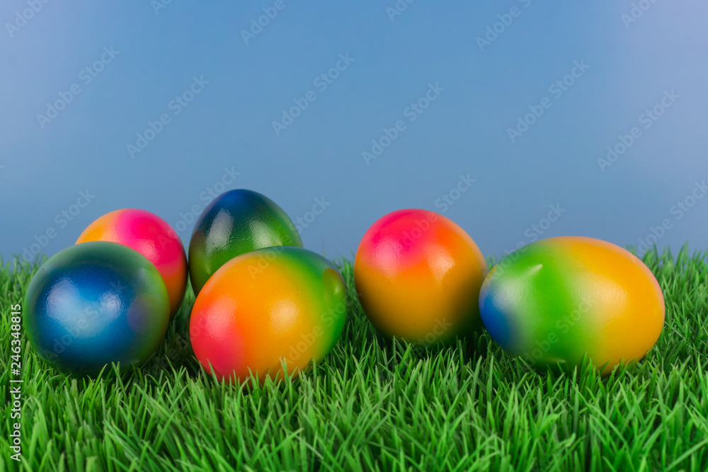Colorful Easter eggs in a meadow