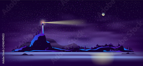 Working at night alone lighthouse on wild rocky island seashore in northern sea cartoon vector background. Sailing and navigation in unfamiliar waters, dangerous lands, winter shipping season concept
