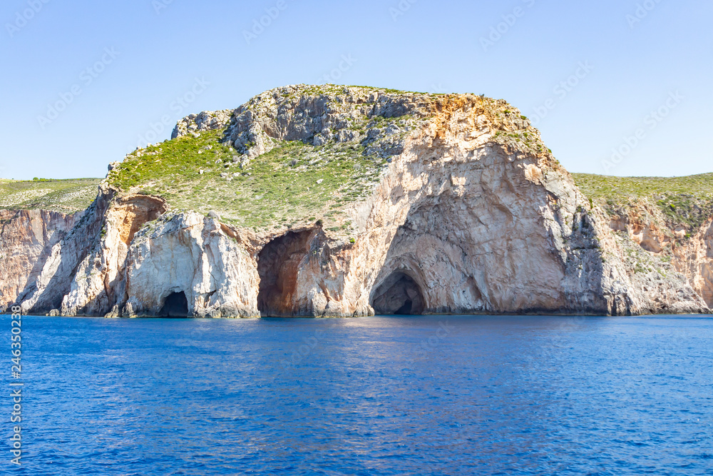 The famous Blue Caves along the rocky coast of Zakynthos, Greece