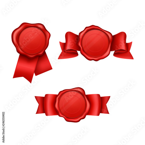 Vector 3d realistic sealing wax collection - set with ribbons. Labels for awards, guarantee and letters. Vintage decoration object, tag for secret message or paper with the university, college degree