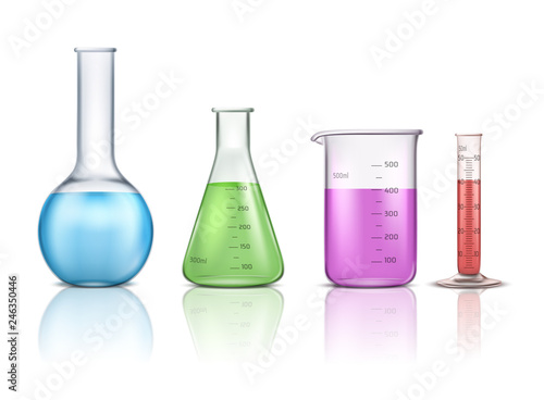 Laboratory glassware 3d realistic vector set isolated on white background. Graduated lab tube, beaker and flask filled different colors liquids illustration. Equipment for chemical test collection