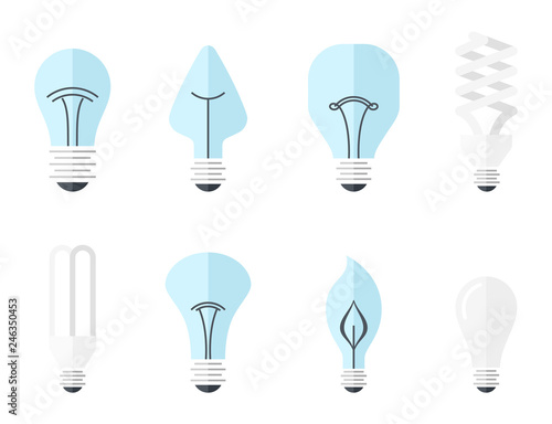 Vector illustration of main electric lighting types: incandescent light bulb, halogen lamp, cfl and led lamp. Flat style.
