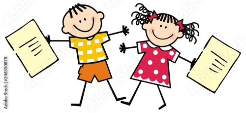 Happy kids with school certificates, vector illustration