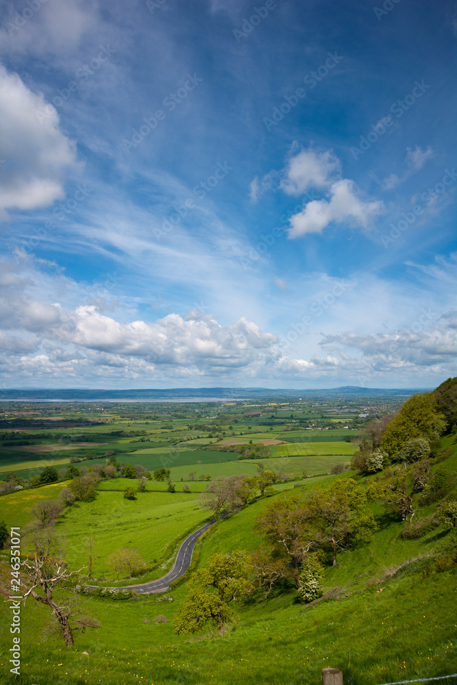 Coaley Peak viewpoint view over The Severn Vale from the Cotswold escarpment near Nympsfield, Gloucestershire, UK
