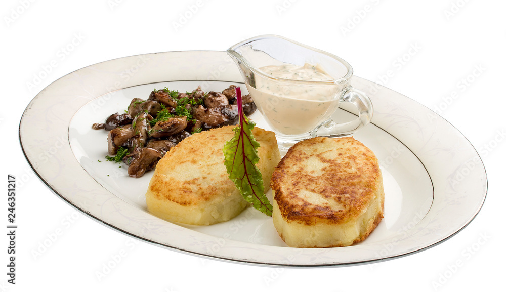 Potato zrazy with a meat filling on a white plate. Traditional Ukrainian zrazy recipe