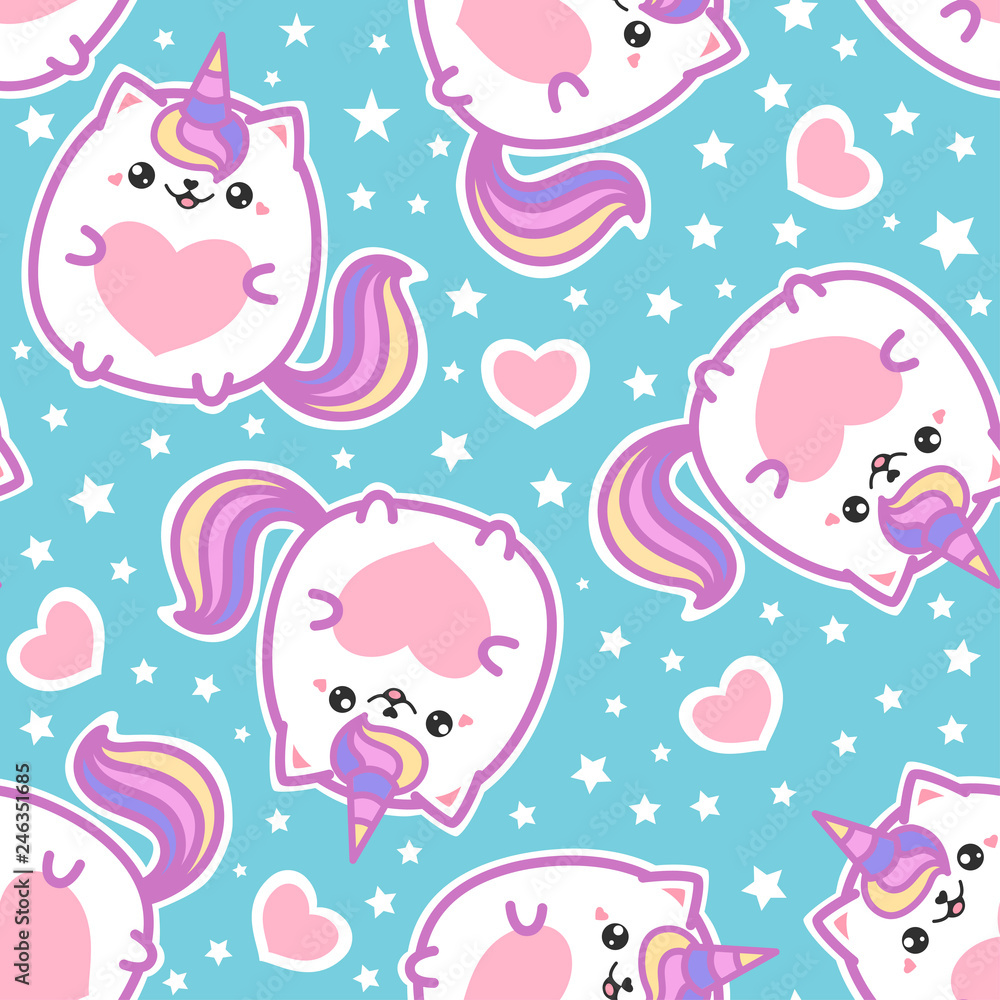 Seamless pattern. Cute cat unicorn with a heart on a blue background. For the design of fabrics, wrapping paper, wallpaper and so on. Vector