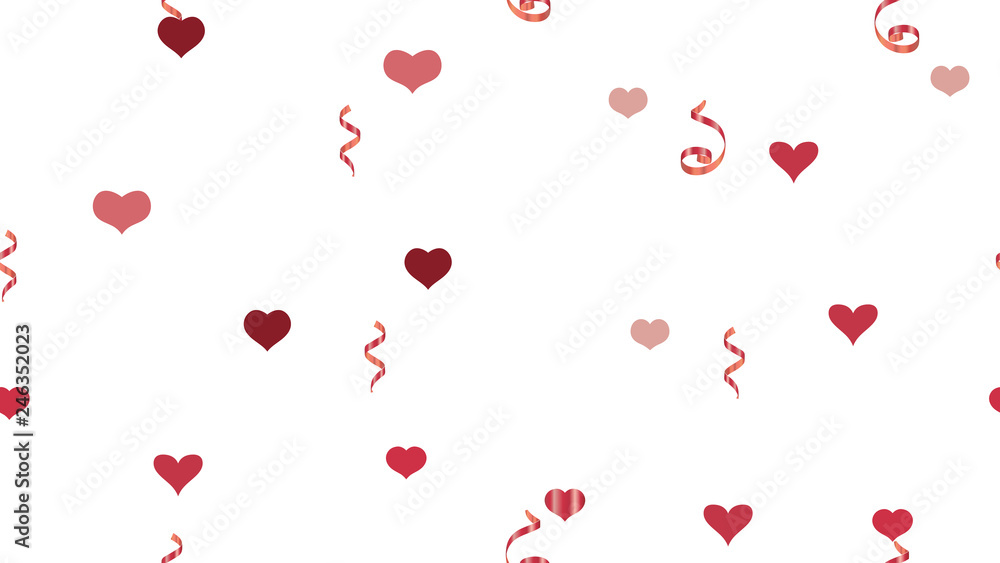 Falling Red confetti. The foundation of packaging, textiles, wallpaper, banner, printing. Stylish Pattern of Hearts and Serpentine. Vector Seamless Pattern on a White fond.