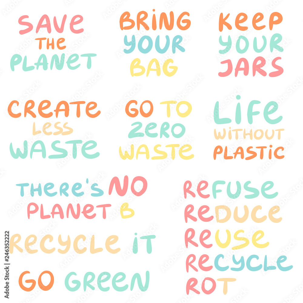 Set of hand drawn phrases on a theme Zero waste