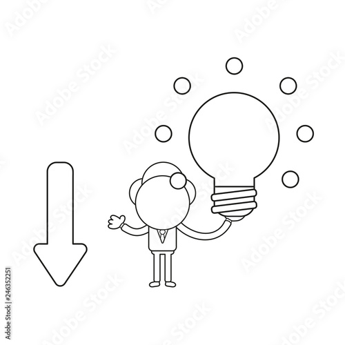 Vector businessman character with arrow moving down and holding glowing light bulb. Black outline.