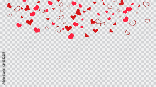 Red on Transparent fond Vector. Stylish background. Design element for wallpaper, textiles, packaging, printing, holiday invitation for Valentine's Day. Red hearts of confetti are falling.