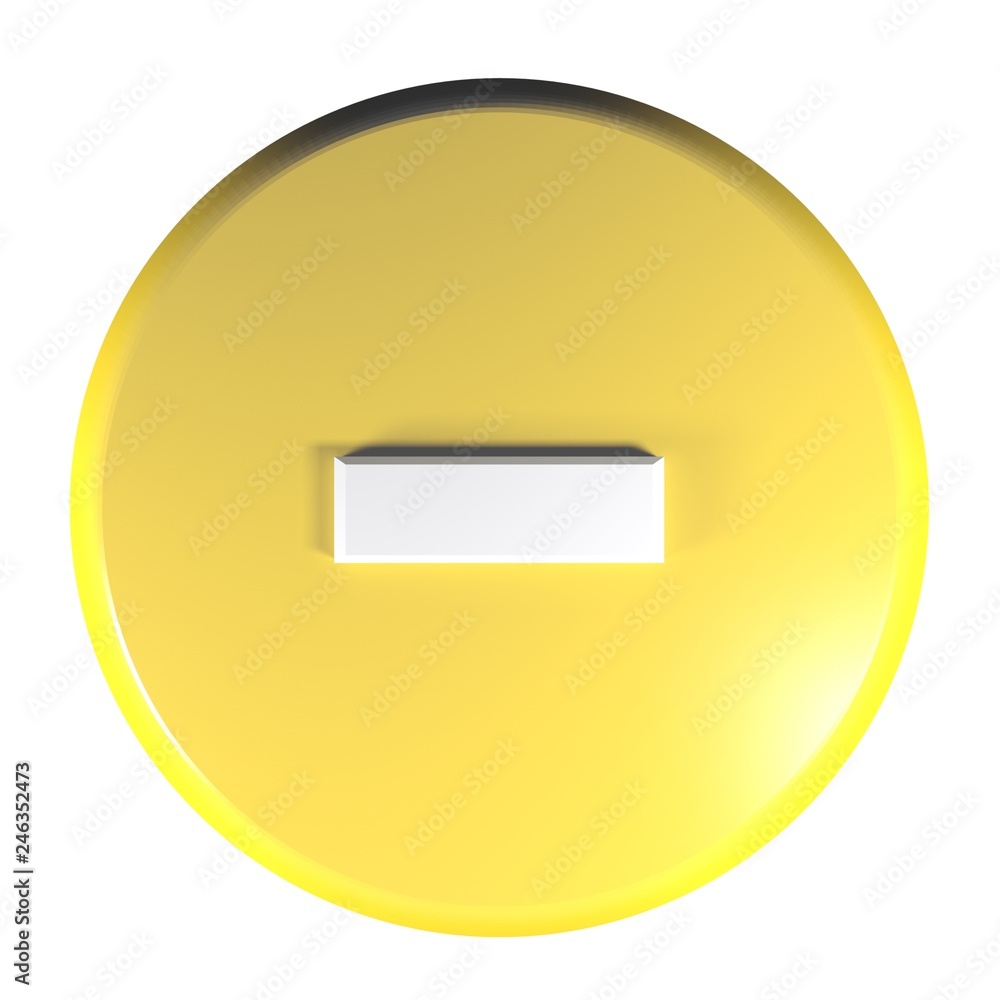 Yellow circle push button with the sign - for the subtraction operation - 3D rendering illustration Yellow circle push button with the sign - for the subtraction operation - 3D rendering illustration