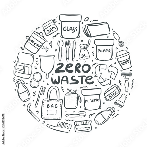 Set of hand drawn elements of zero waste life