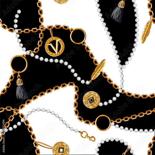 Seamless pattern with chains, coins, feather and jewelry. Vector.