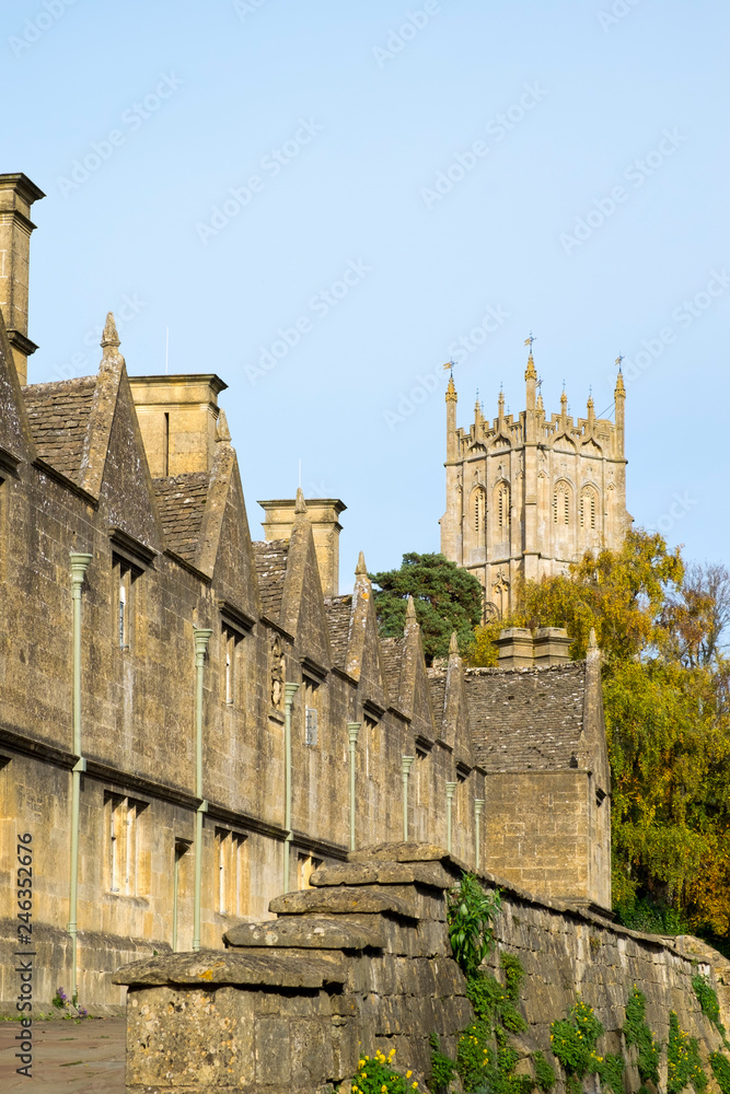 Autumn sunshine on the picturesque row of almshouses in Chipping Campden, a Cotswolds travel destination, Gloucestershire, UK Autumn sunshine on the picturesque row of almshouses in Chipping Campden, a Cotswolds travel destination, Gloucestershire, UK