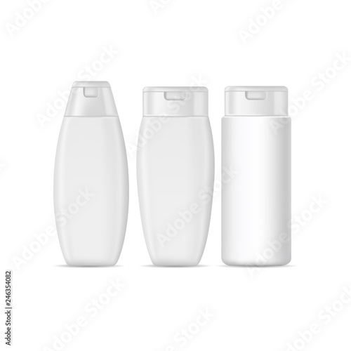 Set of shampoo bottles isolated on white background. Vector mockup.