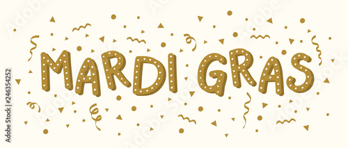 Concept of Mardi Gras carnival calligraphy with hand drawn party elements. Vector