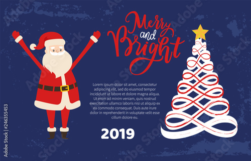 Merry and bright greeting card with Santa holding hands up. Christmas and New Year 2019 postcard, Xmas tree. Vector abstract spruces, topped by star