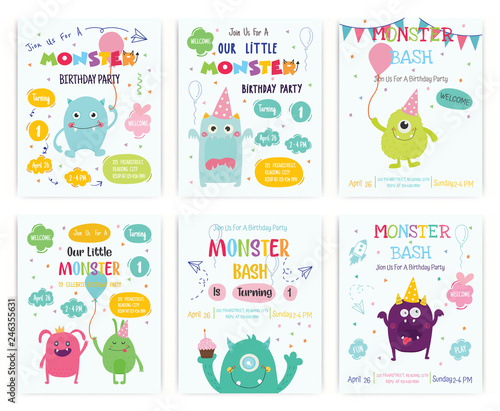 Set of cute monster happy birthday party invitation card design. Vector © VectorBoyZ