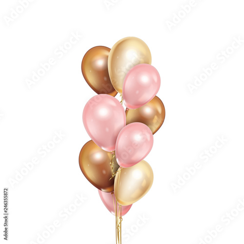 Realistic golden and pink balloons isolated on white background. Vector illustration.