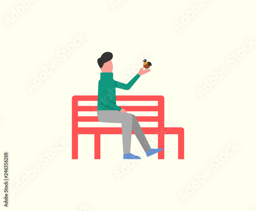 Man sitting on wooden bench playing with birdie isolated vector. Autumn relaxation seat, male having calm days with fauna. Person in peace flat style