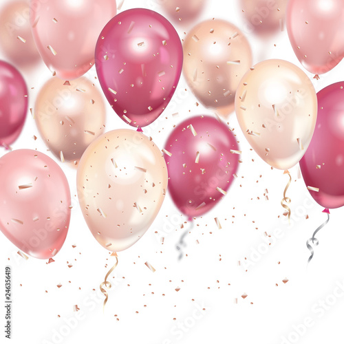 Celebration background template with pink balloons on white background. Vector illustration.