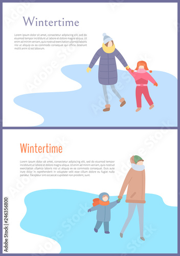 Walking mum with kid in wintertime in down-jacket and winter-suit with scarf and mittens with hat. Set of cards with text and people in warm clothes vector