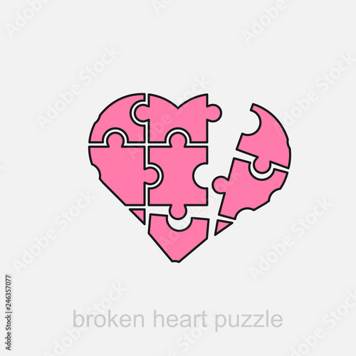 Broken heart puzzle line vector illustration.