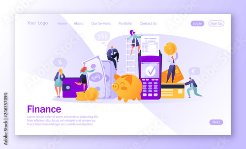 Concept of landing page on finance theme. Concept of online banking, money transaction technology. Credit card and payment terminal. Business people pay coins cash.Flat People Characters Making Money.